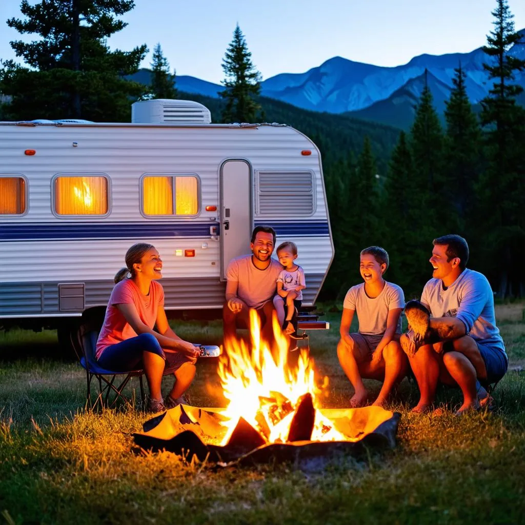 A family enjoying their time in front of a travel trailer at a campsite