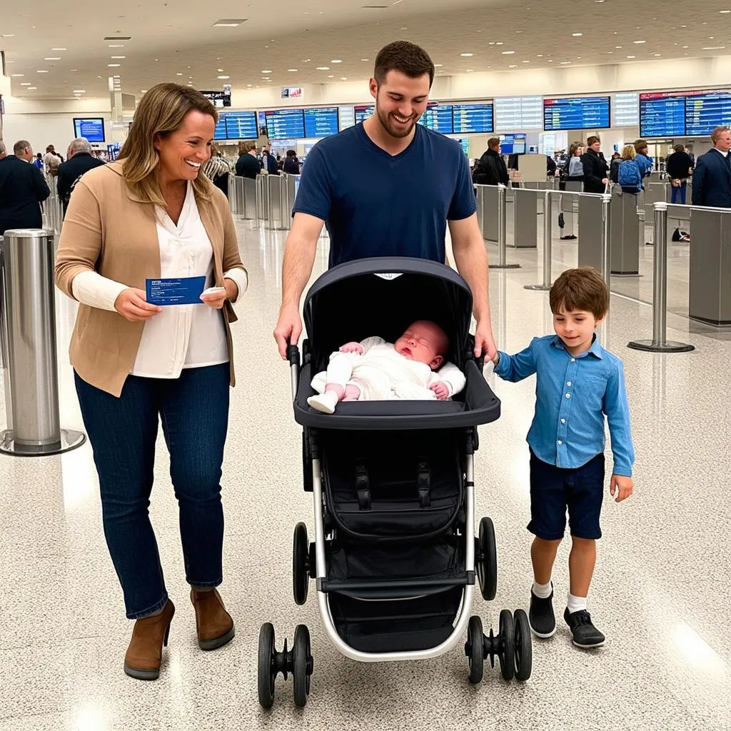 Family traveling with a newborn at the airport