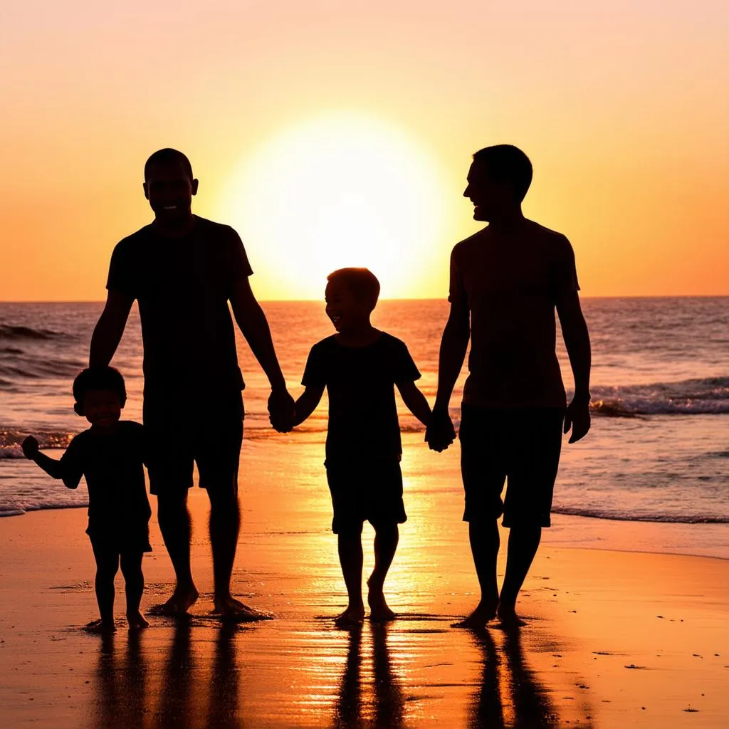 Family Walking on Beach at Sunset