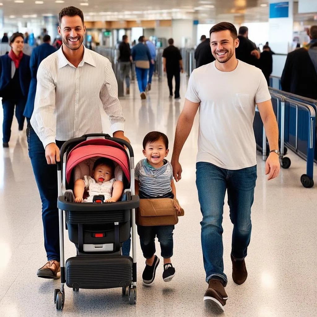 Family Navigating Airport with Car Seat and Luggage