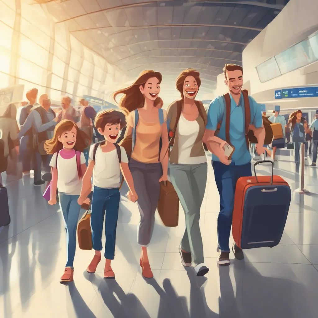 Family Walking Through Airport with Luggage