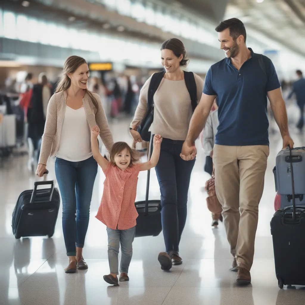 Family walking through airport with luggage