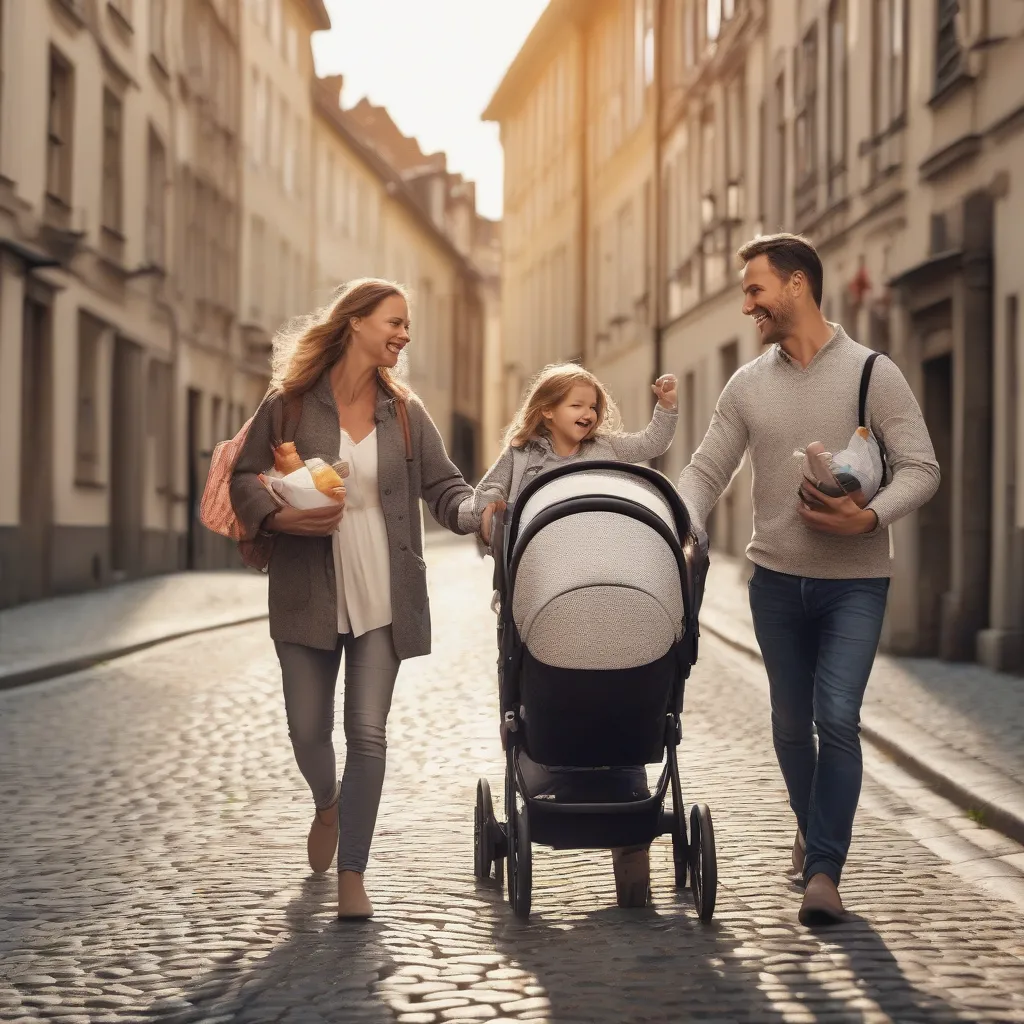 Family Walking with Stroller and Cooler Bag