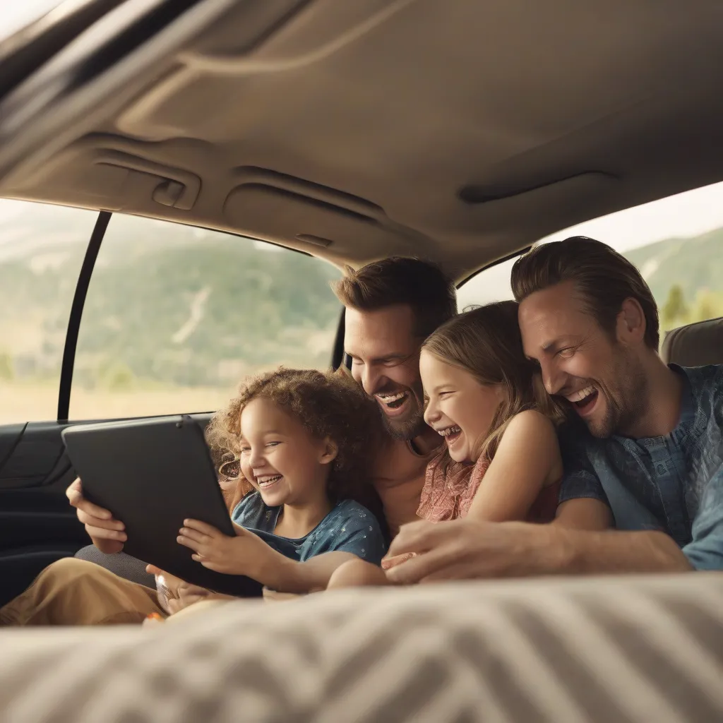 Family Watching Movie on Tablet During Car Ride