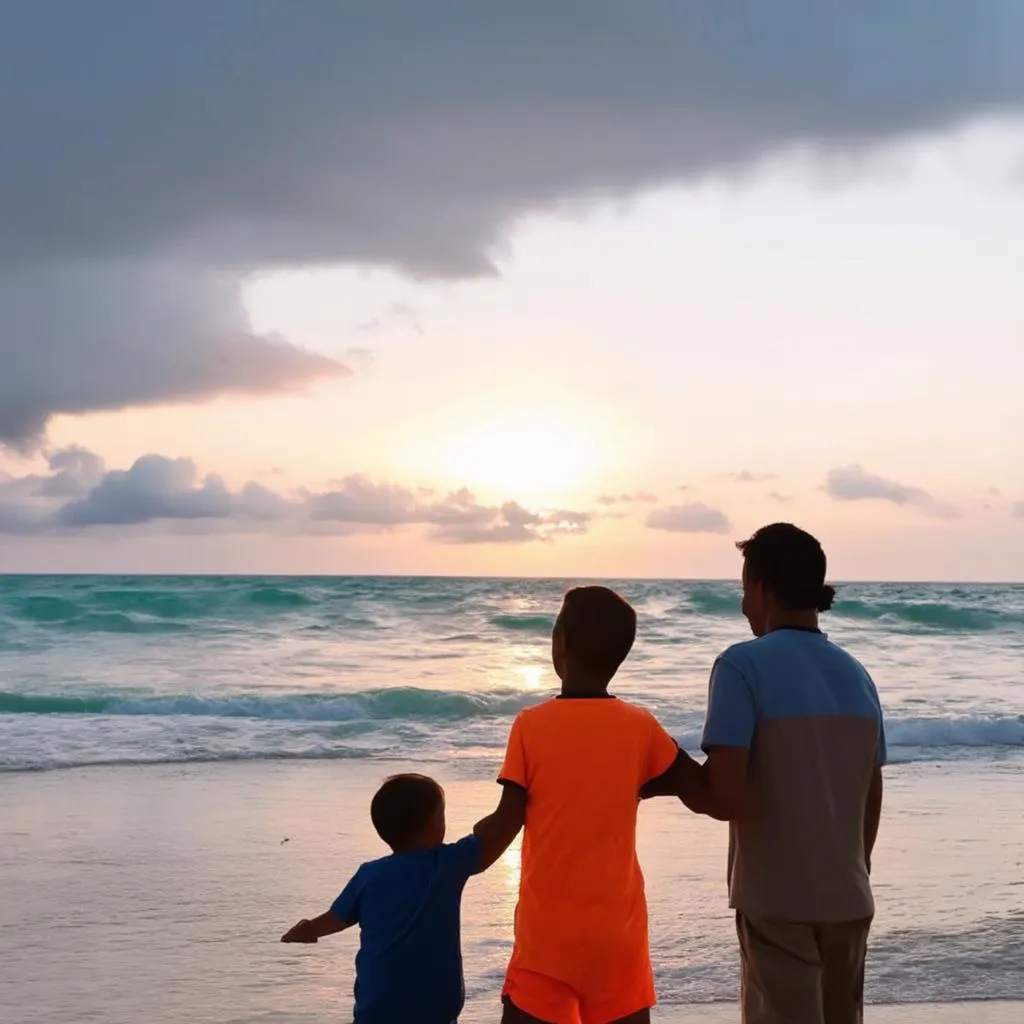 Family Watching Sunset on Beach