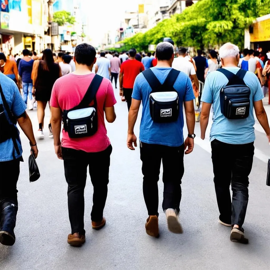 Travelers wearing a fanny pack in front