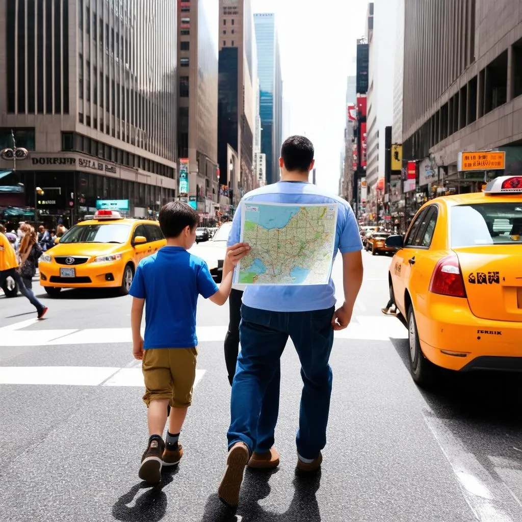 Father and Son Exploring a Bustling City