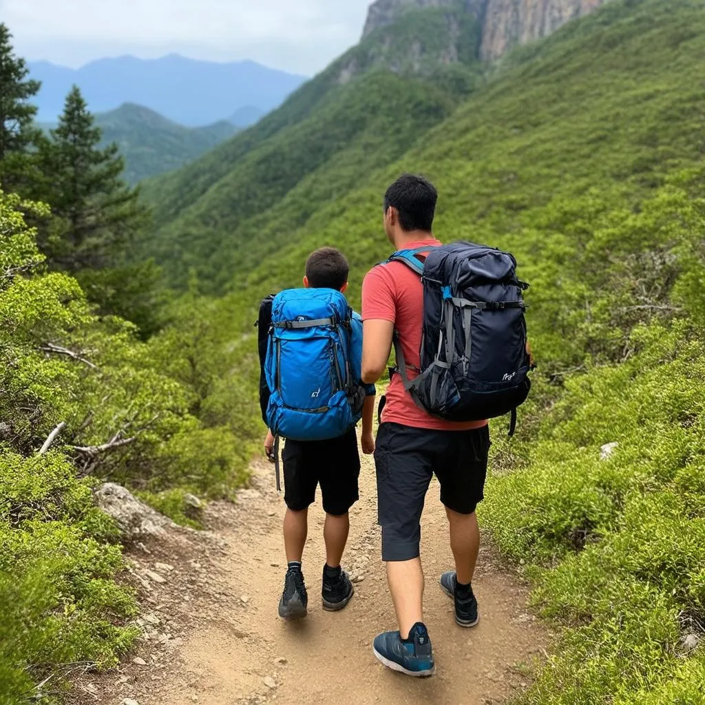 Father and Son Hiking in the Mountains