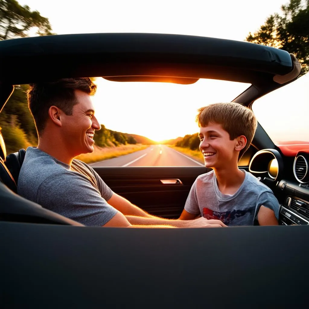 Father and Son Driving on Open Road