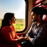 Two travellers engrossed in conversation on a train journey