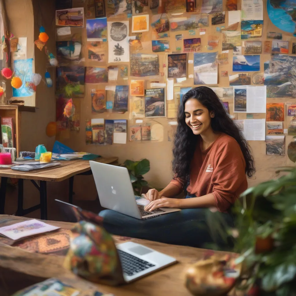 A female traveler sits in a brightly decorated common area of a hostel, working on her laptop