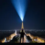 A flashlight beam illuminating the Eiffel Tower at night.