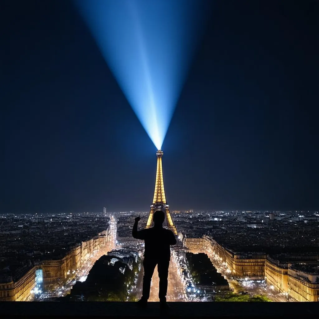 A flashlight beam illuminating the Eiffel Tower at night.