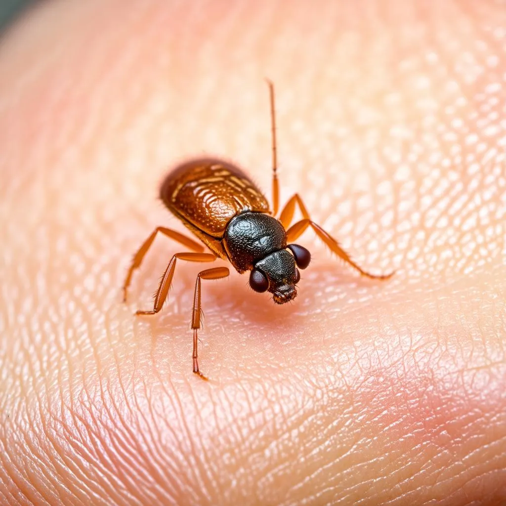 Close-up of a flea on human skin