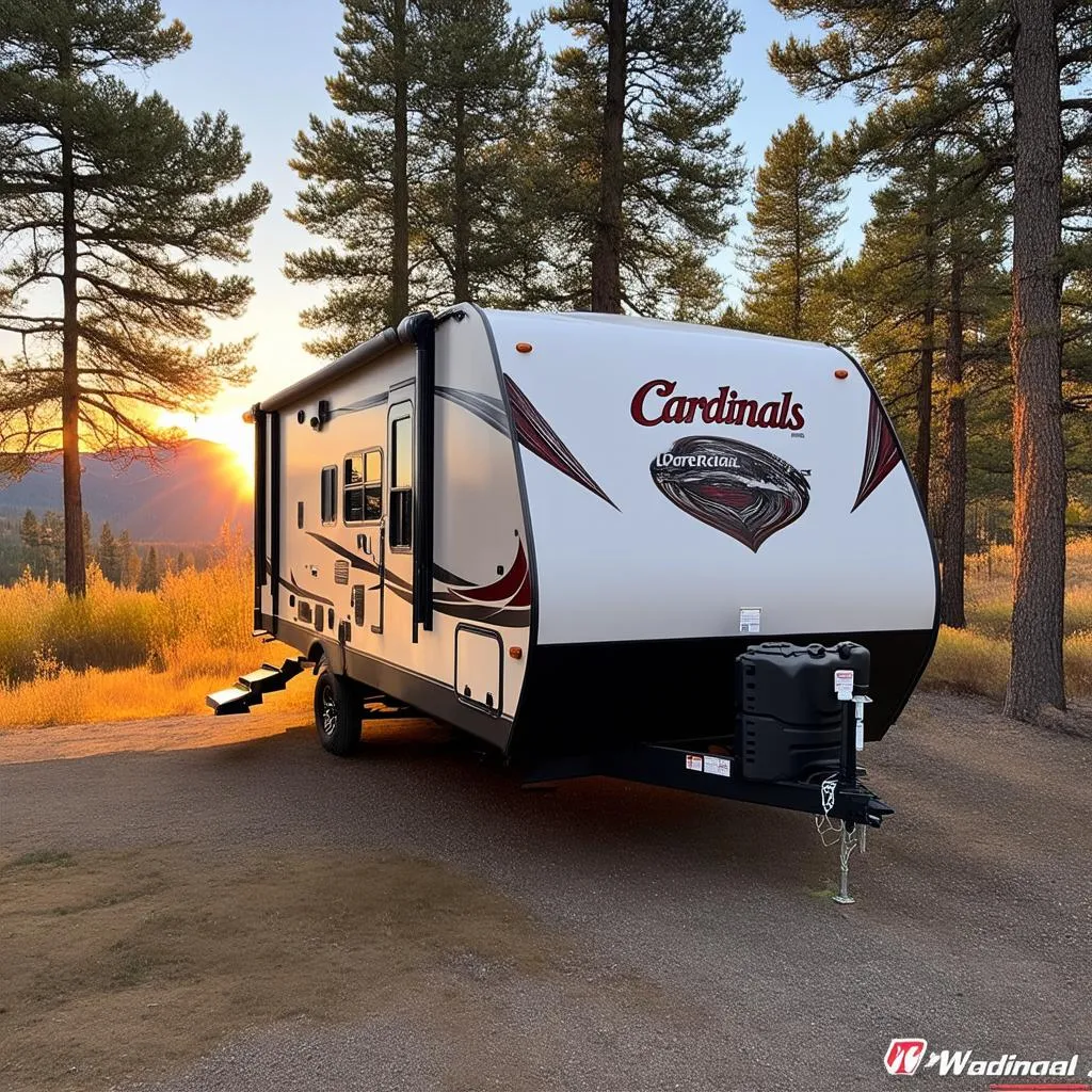 Forest River Cardinal travel trailer parked at a scenic campsite