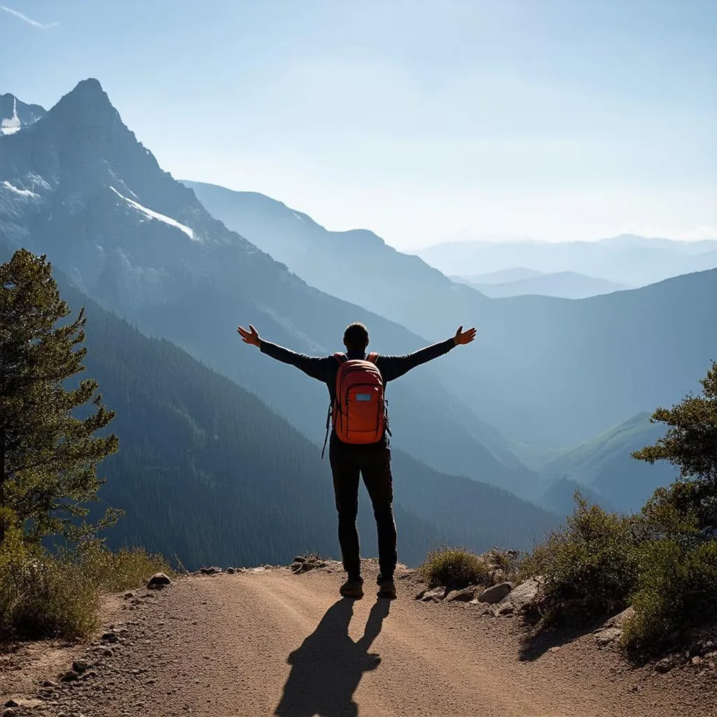 Image of a person standing on a mountaintop overlooking a vast landscape