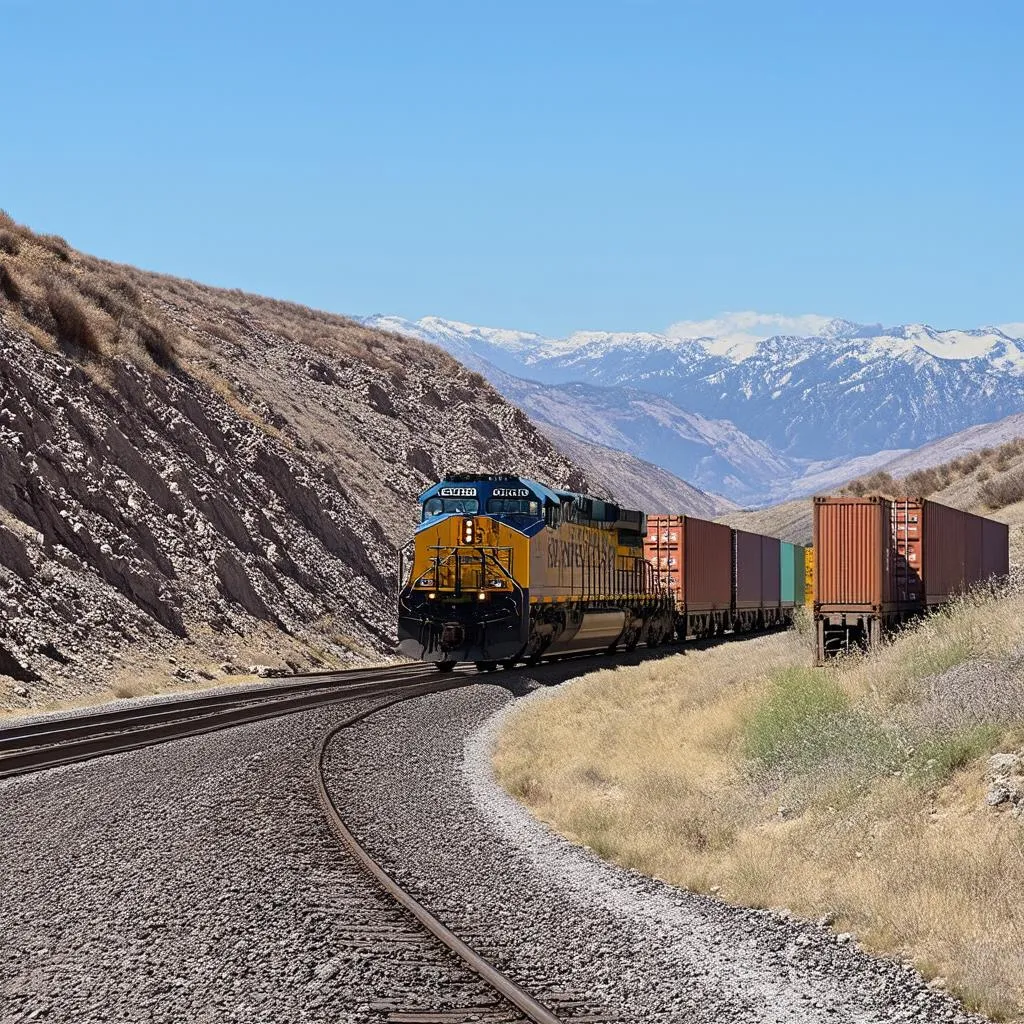 Freight Train Winding Through Mountains