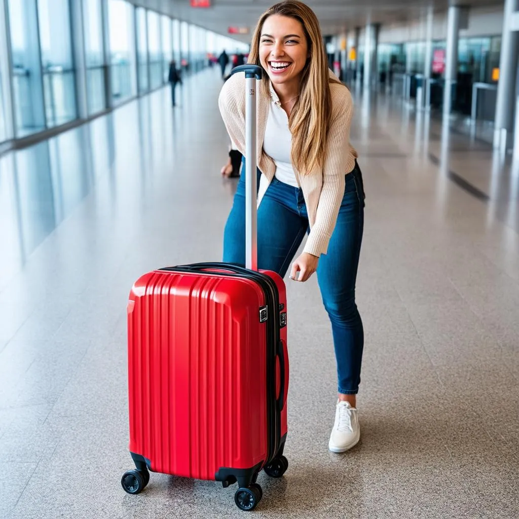 Woman effortlessly rolling a suitcase