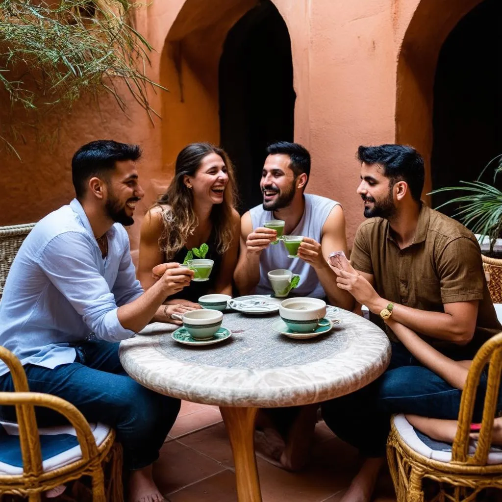 Friends laughing and sharing stories in a Fes riad