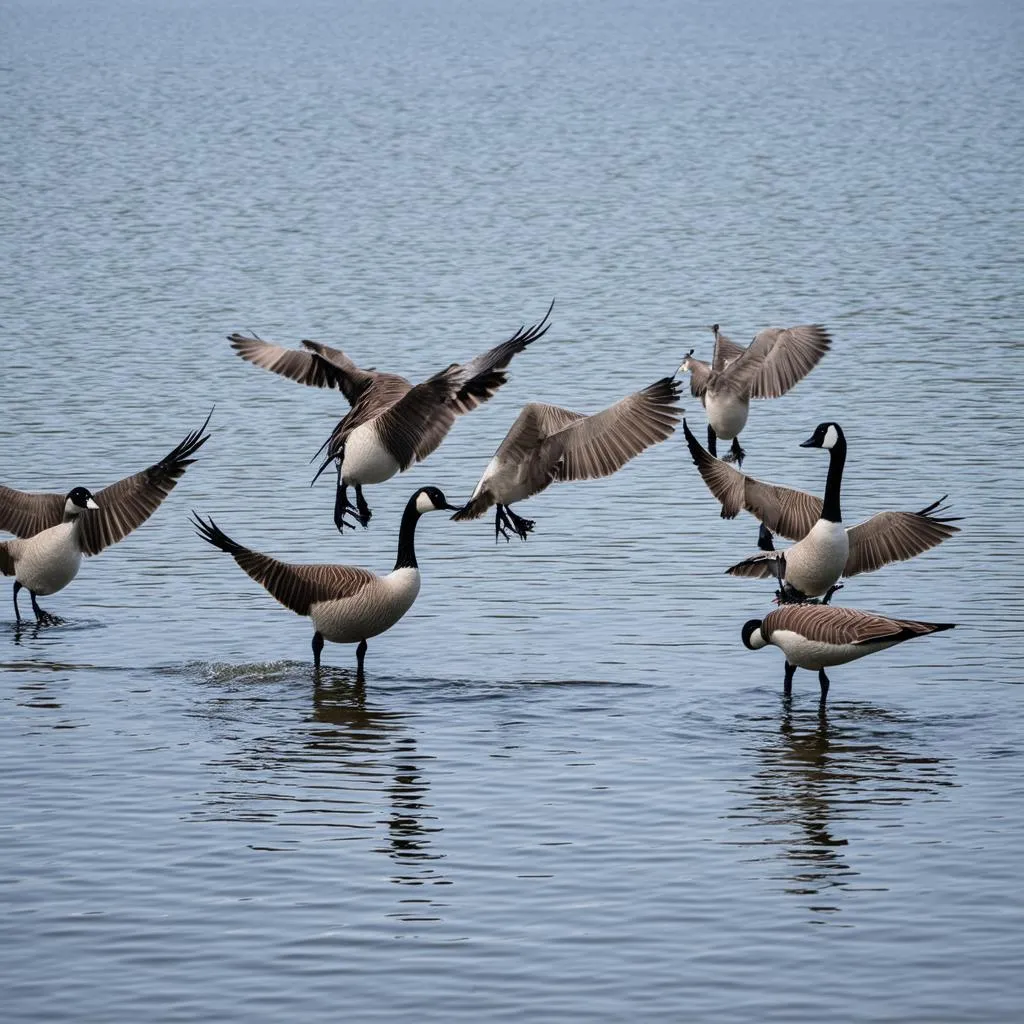 Geese Landing on a Lake