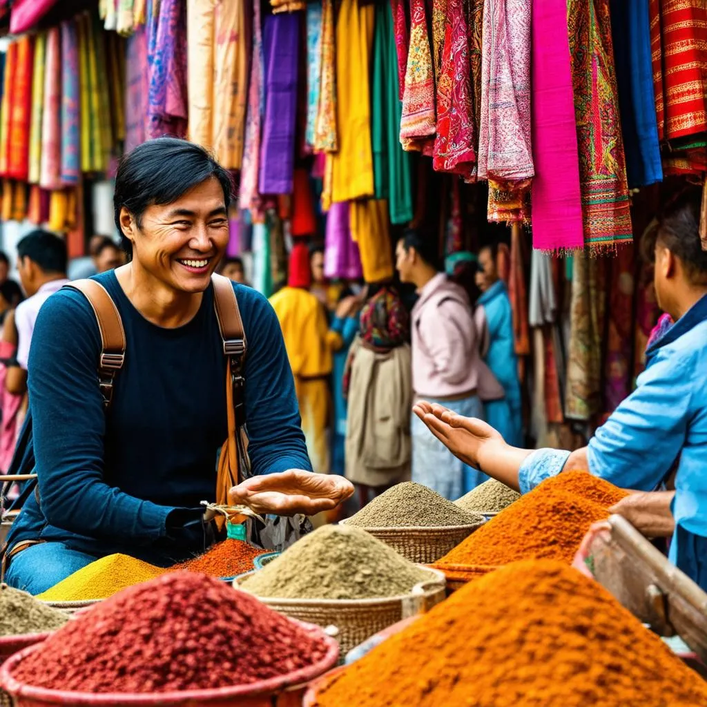 A traveler smiles warmly while talking to a local vendor in a bustling market