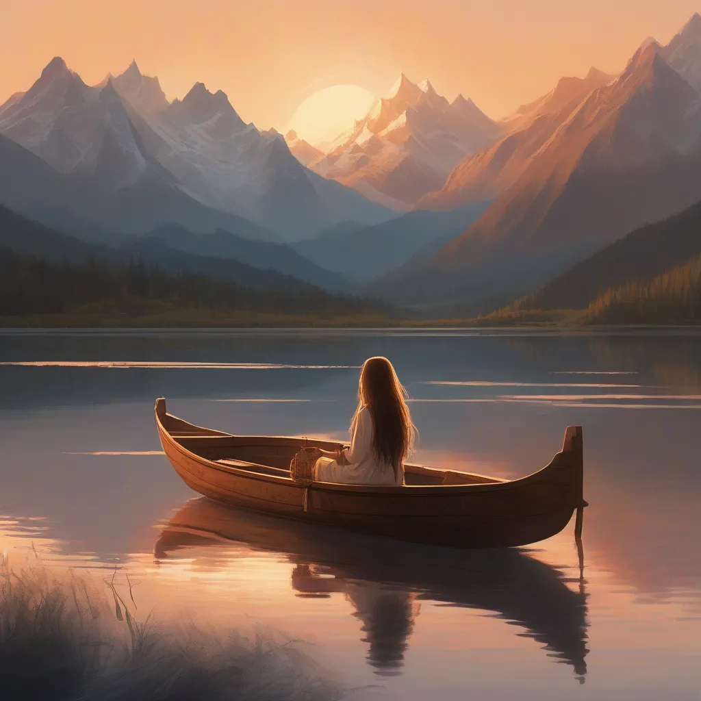 A girl sits in a rowboat on a lake surrounded by mountains, her back to the camera as she takes in the view