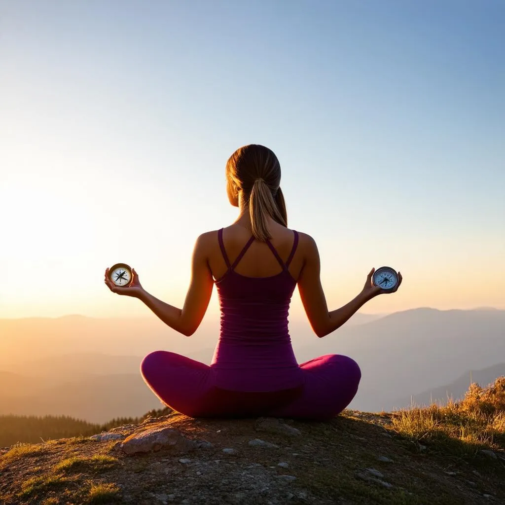 Girl Meditating on Mountaintop with Compass