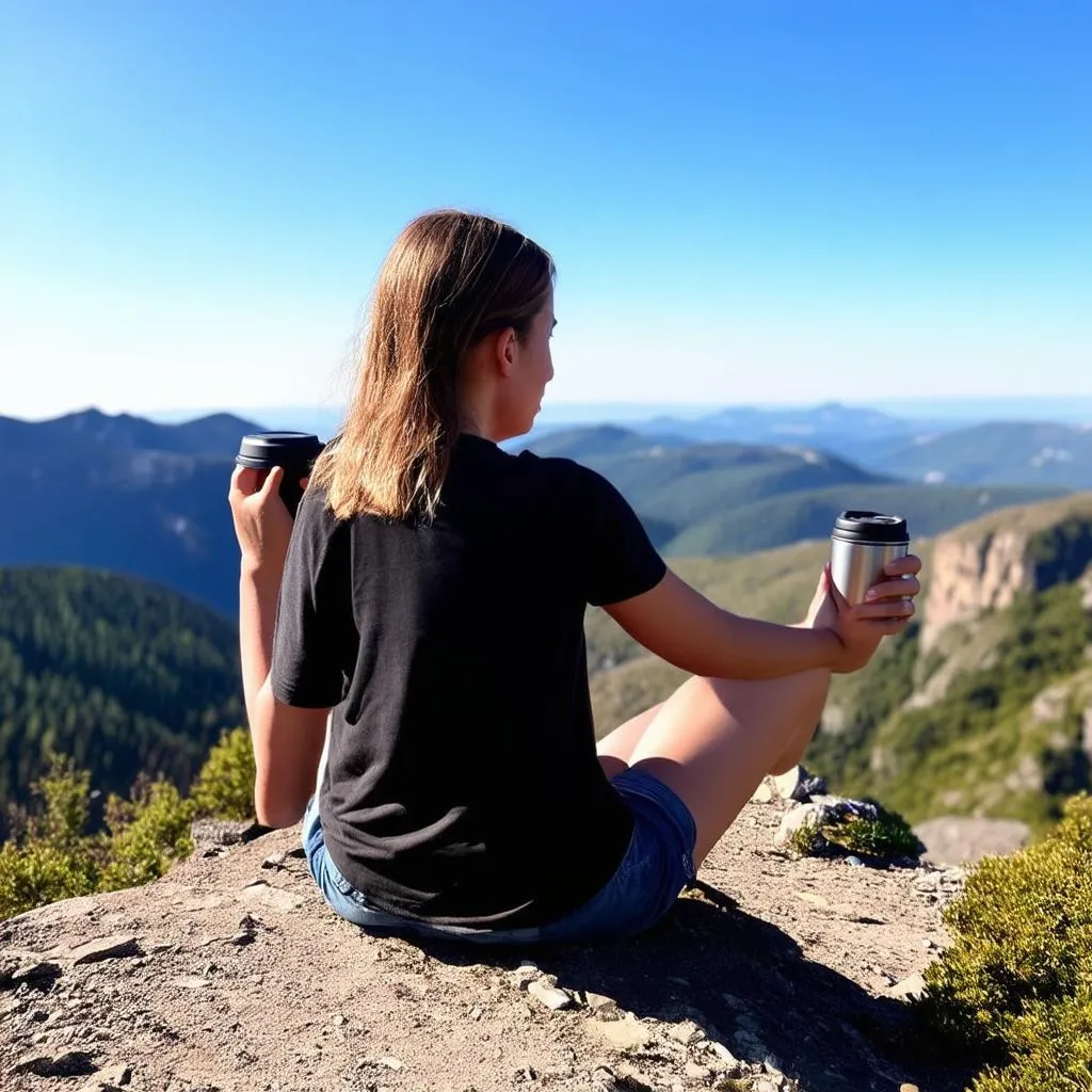 Girl with Travel Mug on a Mountain