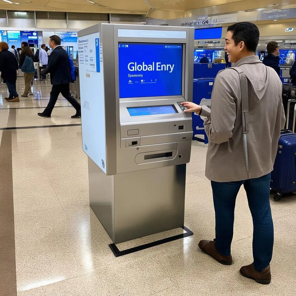 Passenger using a Global Entry kiosk at the airport 