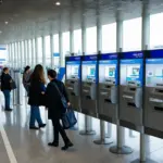 Travelers using a Global Entry kiosk