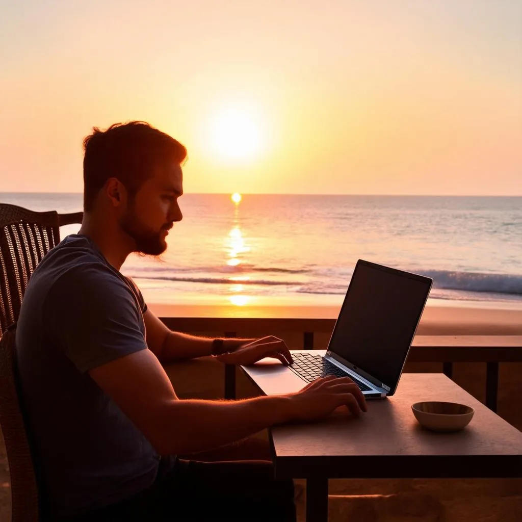 A digital nomad working on their laptop on a beach with turquoise water and a stunning sunset in the background