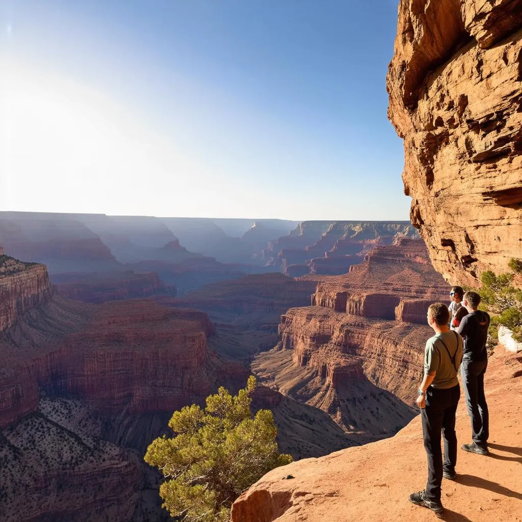 Tourists at the edge of the Grand Canyon contemplating their ethical responsibilities.