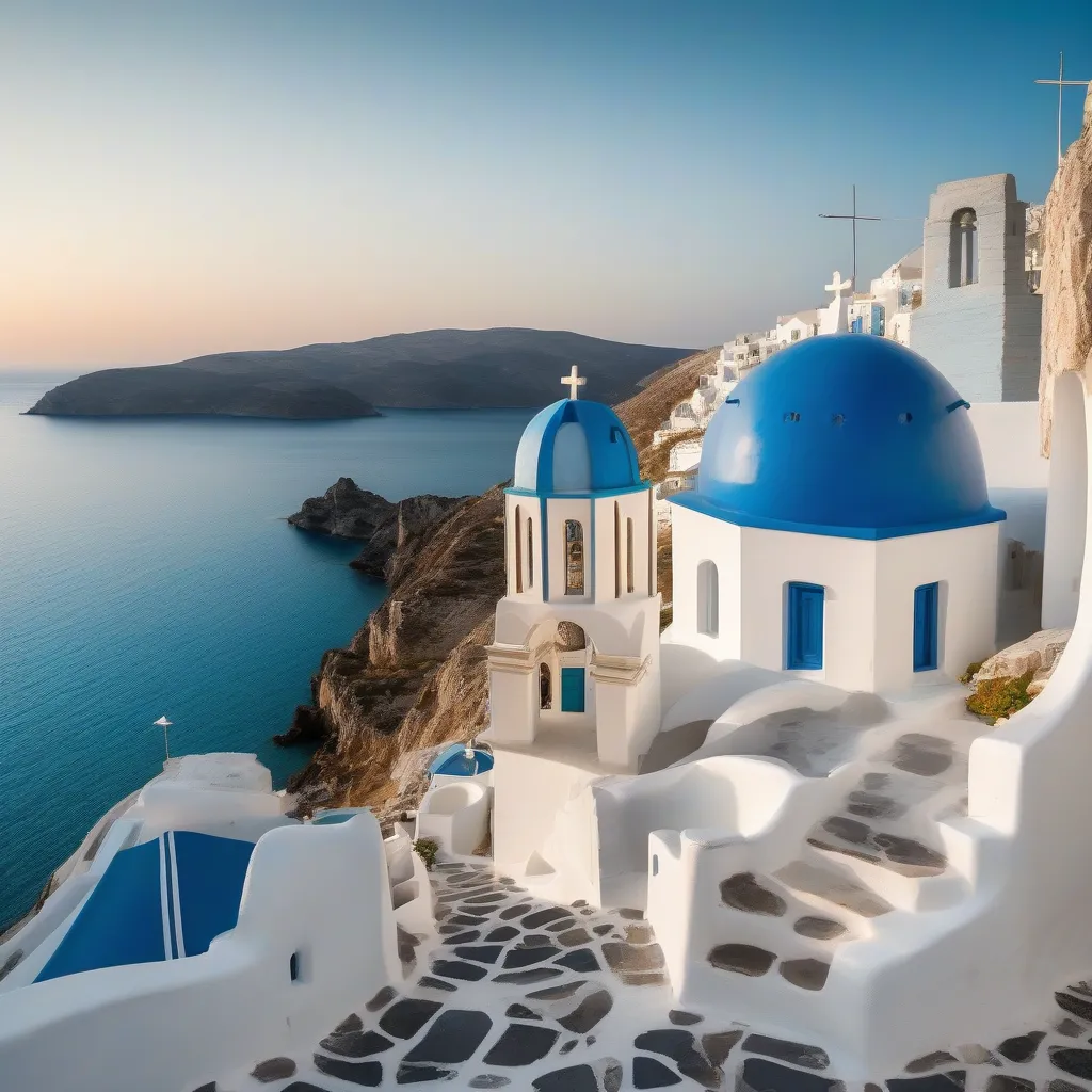 Picturesque Greek island with white houses and blue domes overlooking the Aegean Sea