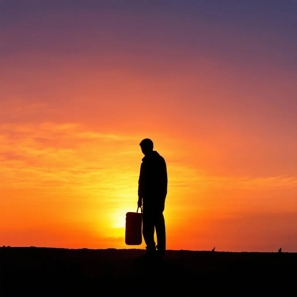 A solitary traveler gazing at a serene sunset