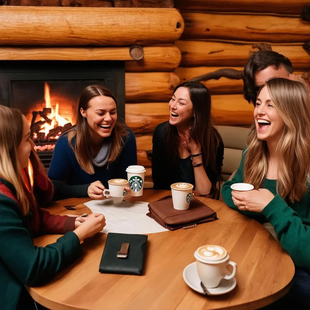 Group of friends enjoying coffee from a Starbucks Traveler