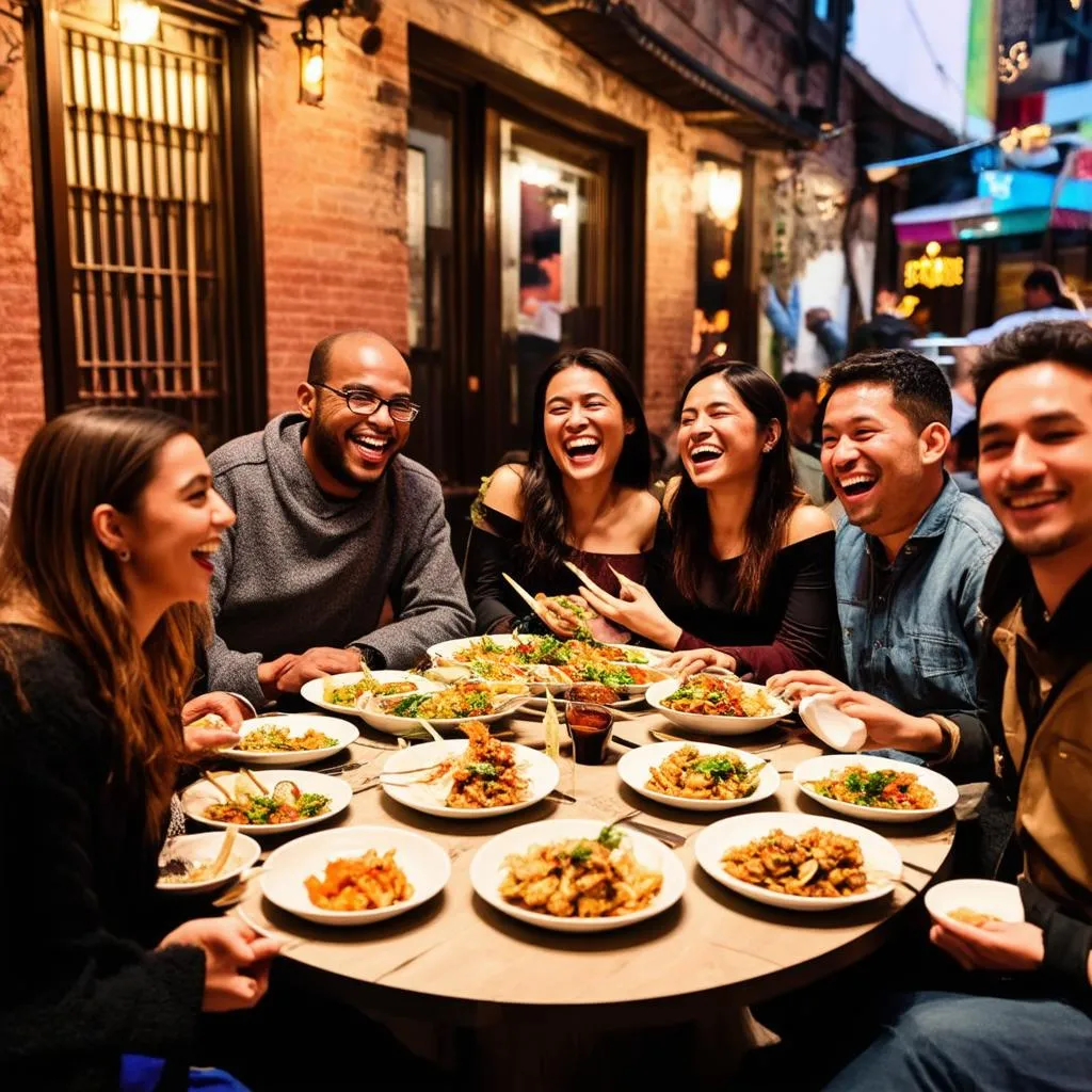 Friends Enjoying Meal Abroad