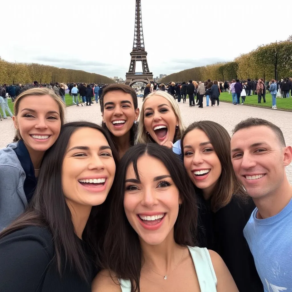 Friends posing for a selfie with the Eiffel Tower