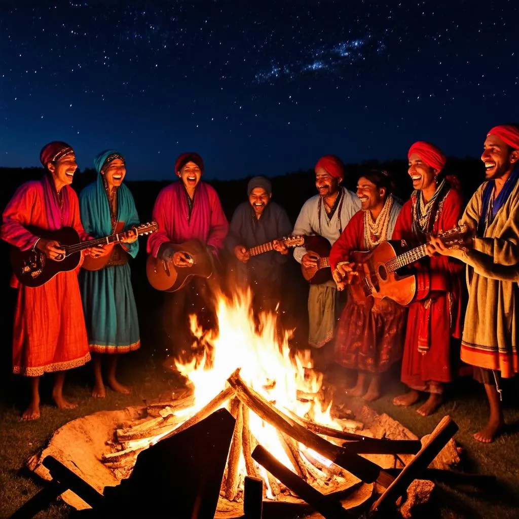 Gypsy Family Gathered Around a Campfire