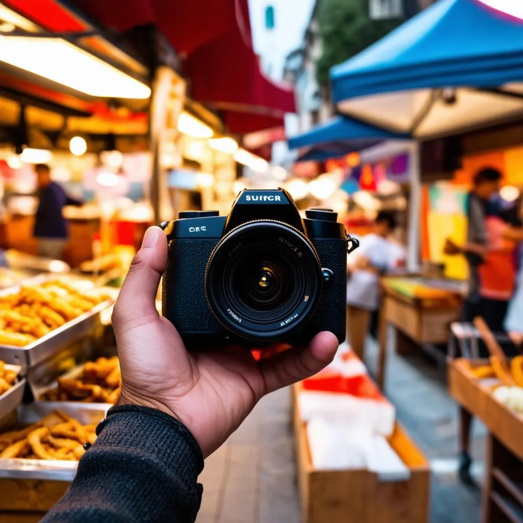 Hand Holding Camera Capturing a Vibrant Street Food Market