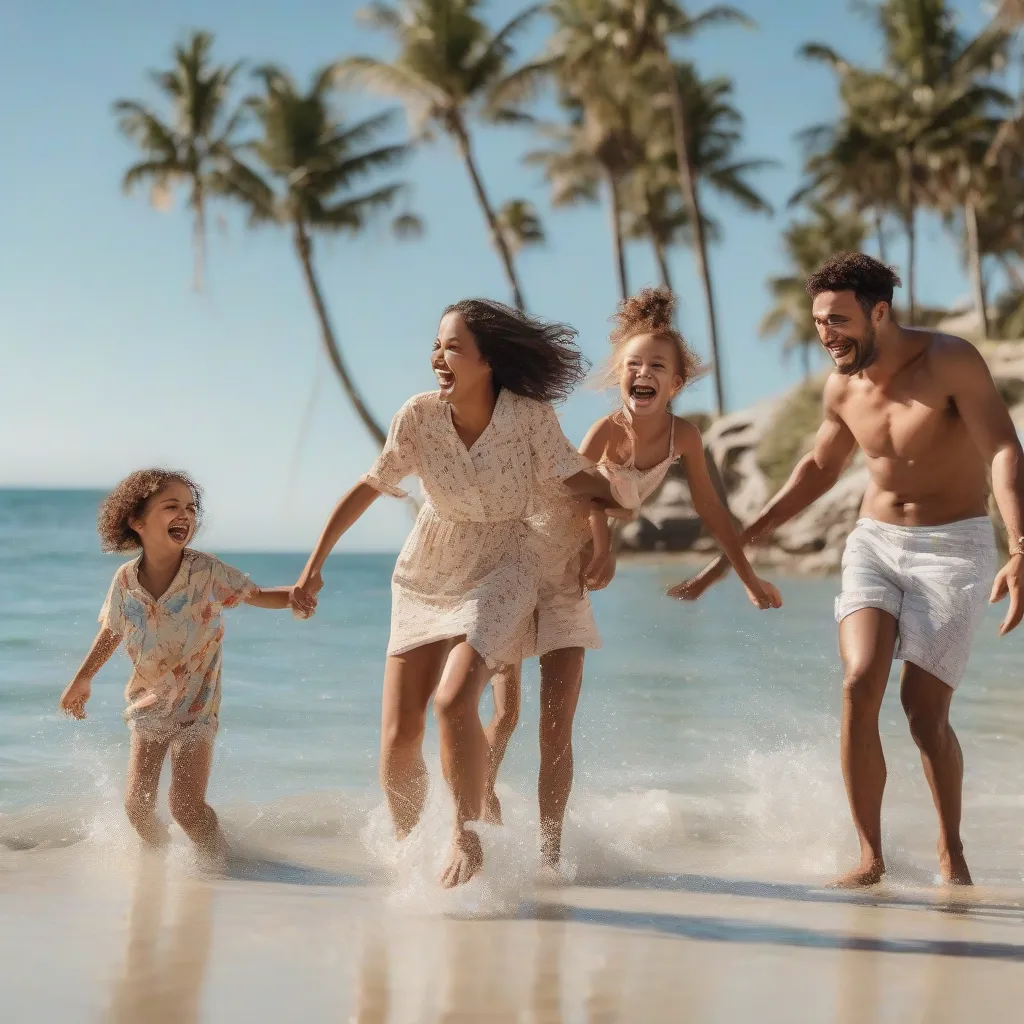 Happy family enjoying their tropical vacation.