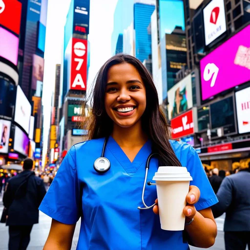 Excited Travel Nurse in Times Square