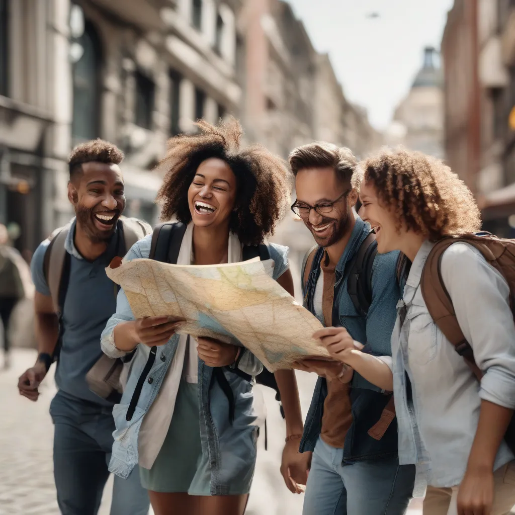 Group of happy travelers exploring a new city