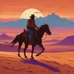 A lone traveler on horseback riding through a vast desert landscape at sunset, with mountains in the distance.