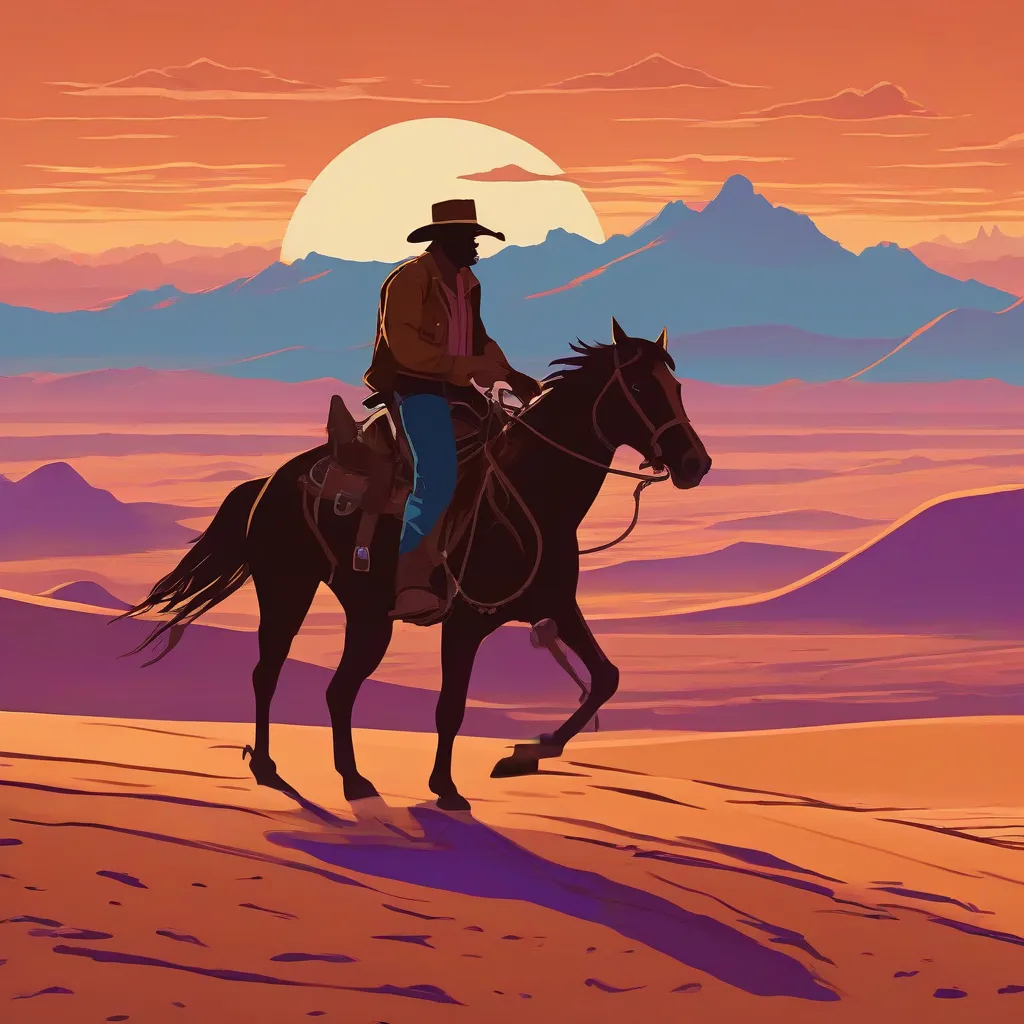 A lone traveler on horseback riding through a vast desert landscape at sunset, with mountains in the distance.