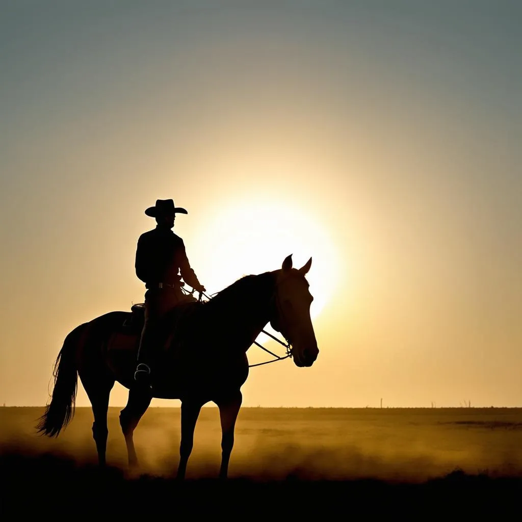 A lone rider on horseback in the American West, his silhouette outlined against the setting sun