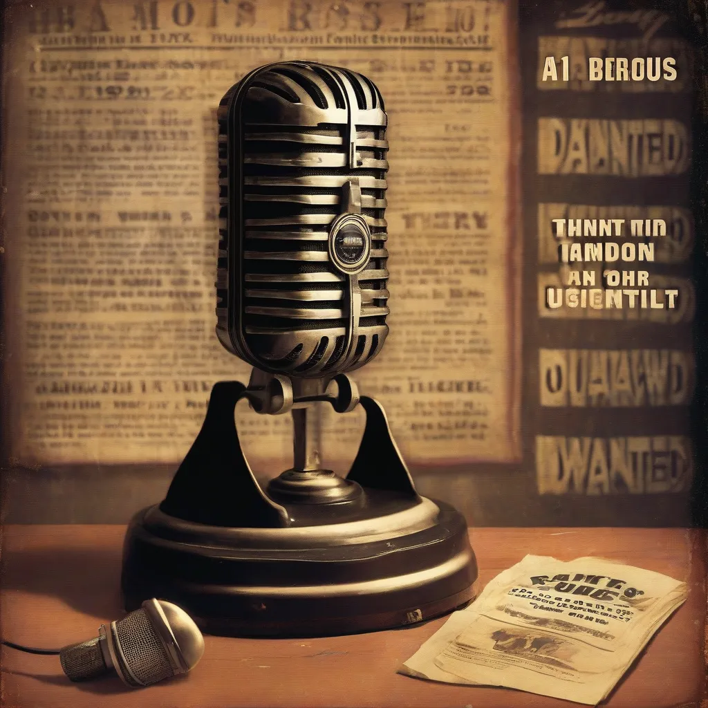 Vintage radio microphone in front of a faded wanted poster, evoking the atmosphere of the "Have Gun Will Travel" radio show.