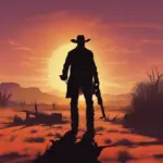 A lone cowboy silhouette against a sunset backdrop