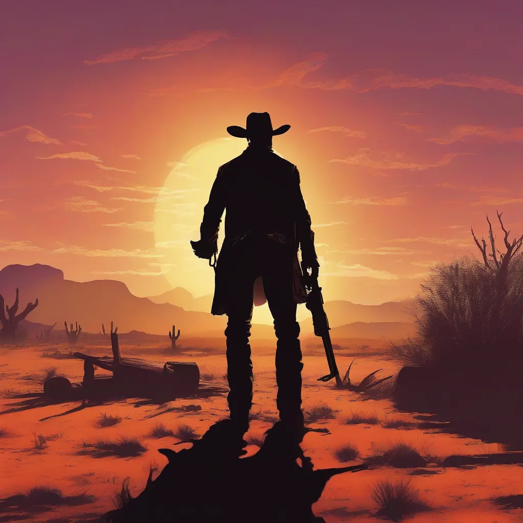 A lone cowboy silhouette against a sunset backdrop