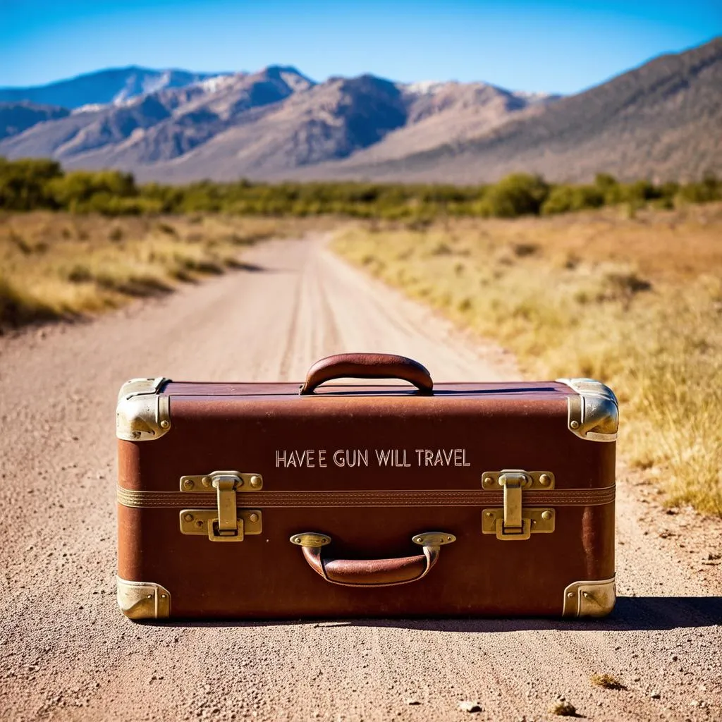 A vintage suitcase sitting on a dusty road with a scenic mountain backdrop, evoking a sense of adventure and travel.