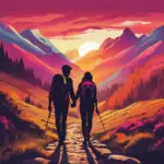 Couple with Backpacks Walking Towards Sunset